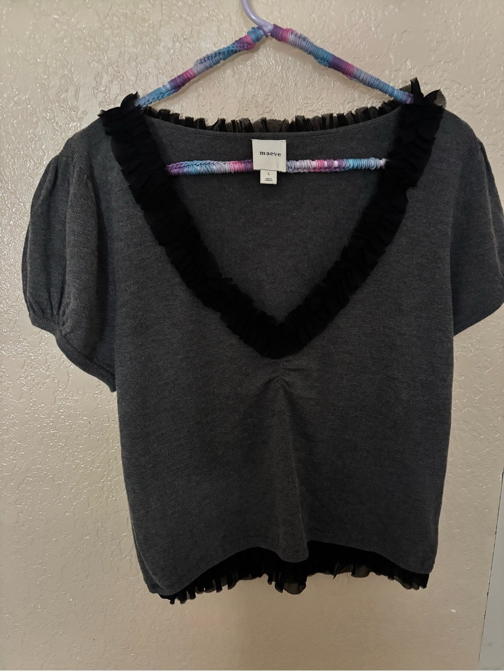 Maeve Charcoal Gray Short Sleeve V-Neck Top with Black Ruffle Trim